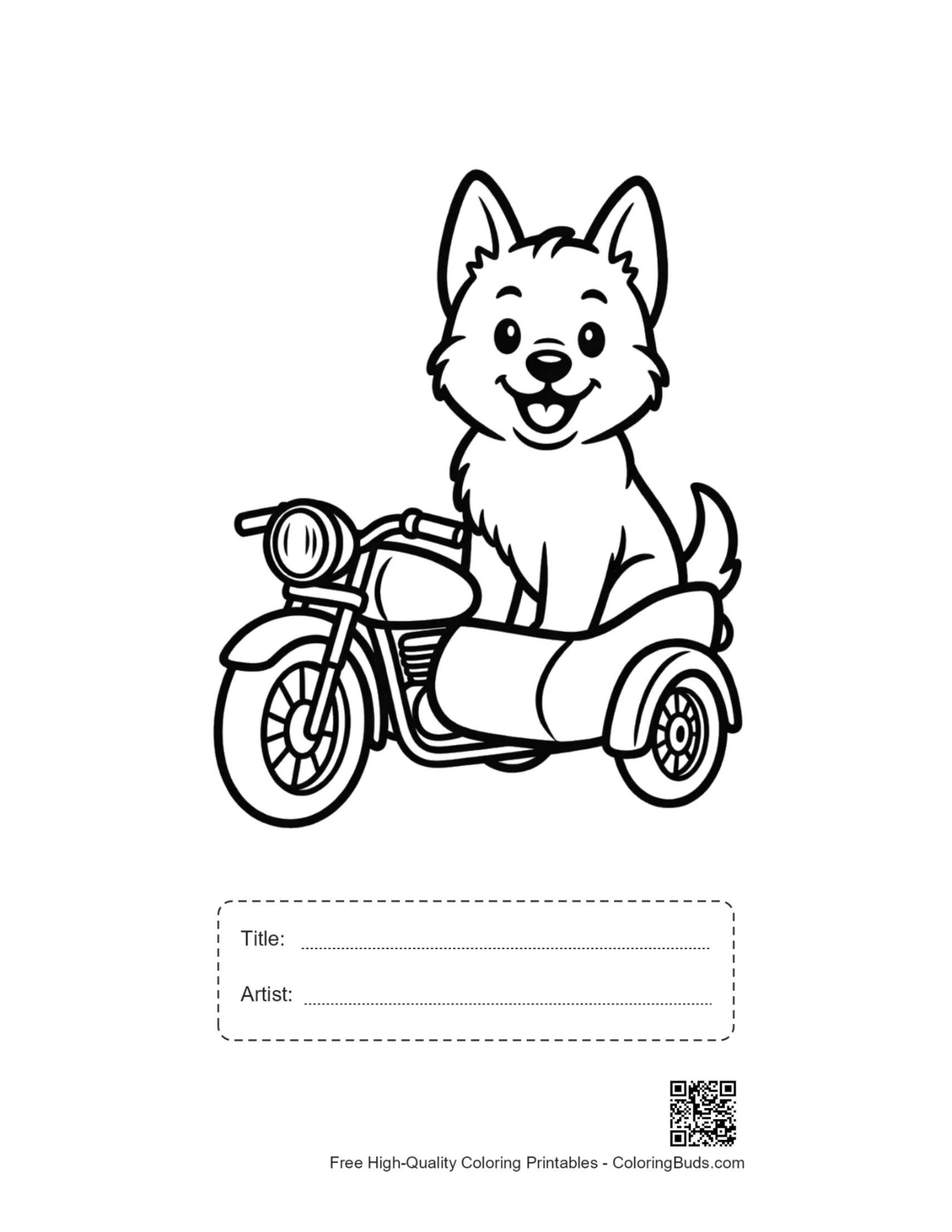 Becgie puppy coloring page with title and artist box