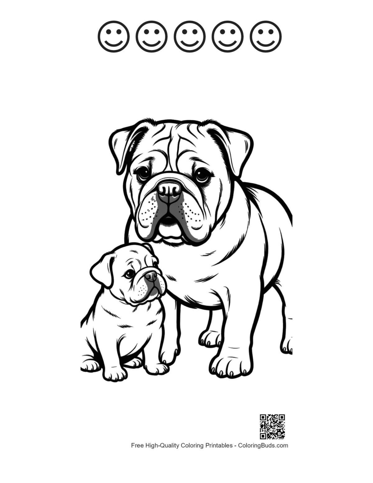 Bulldog mom puppy with happy faces outline