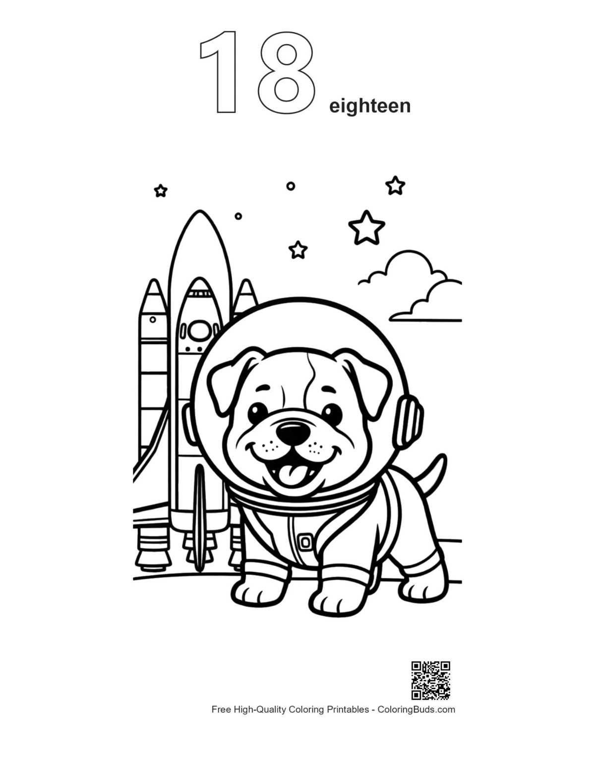Number 18 outline bulldog space explorer printable