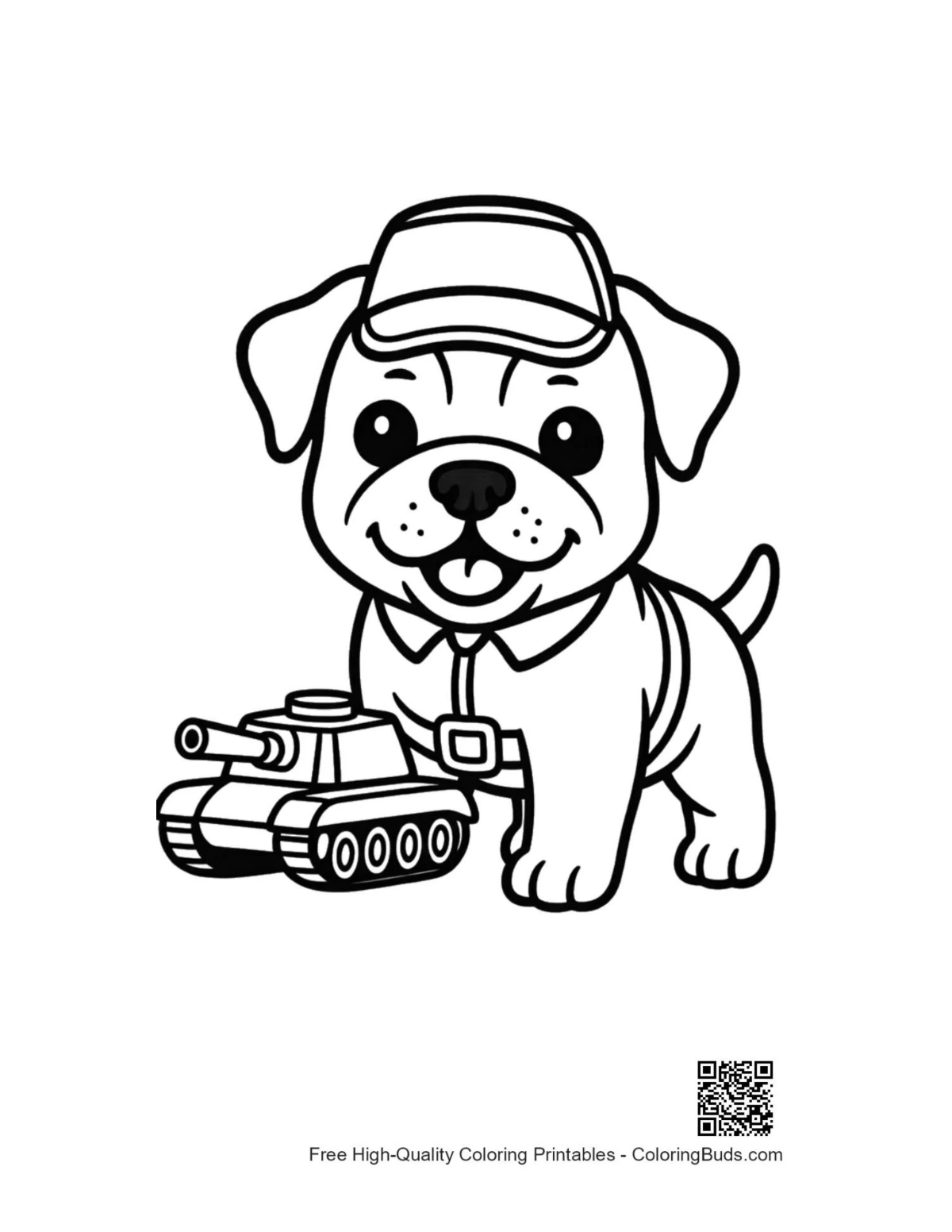 Brave bulldog puppy soldier with miniature tank coloring page