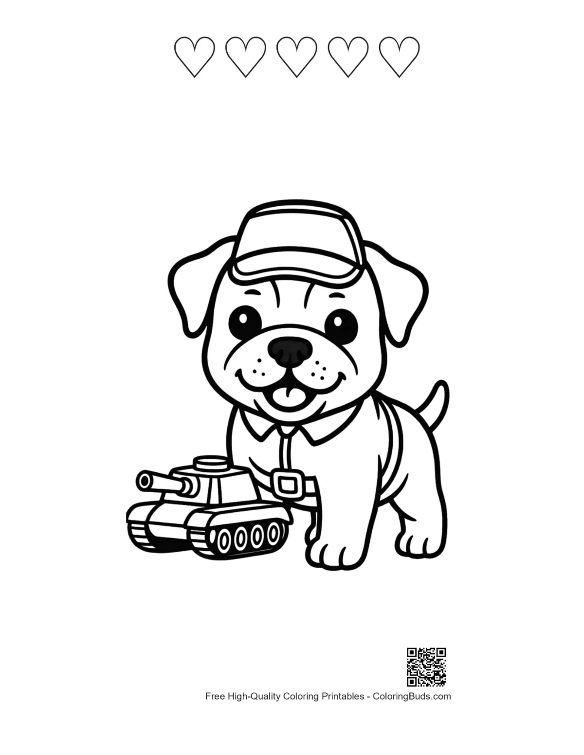 Brave bulldog puppy soldier tank with hearts printable