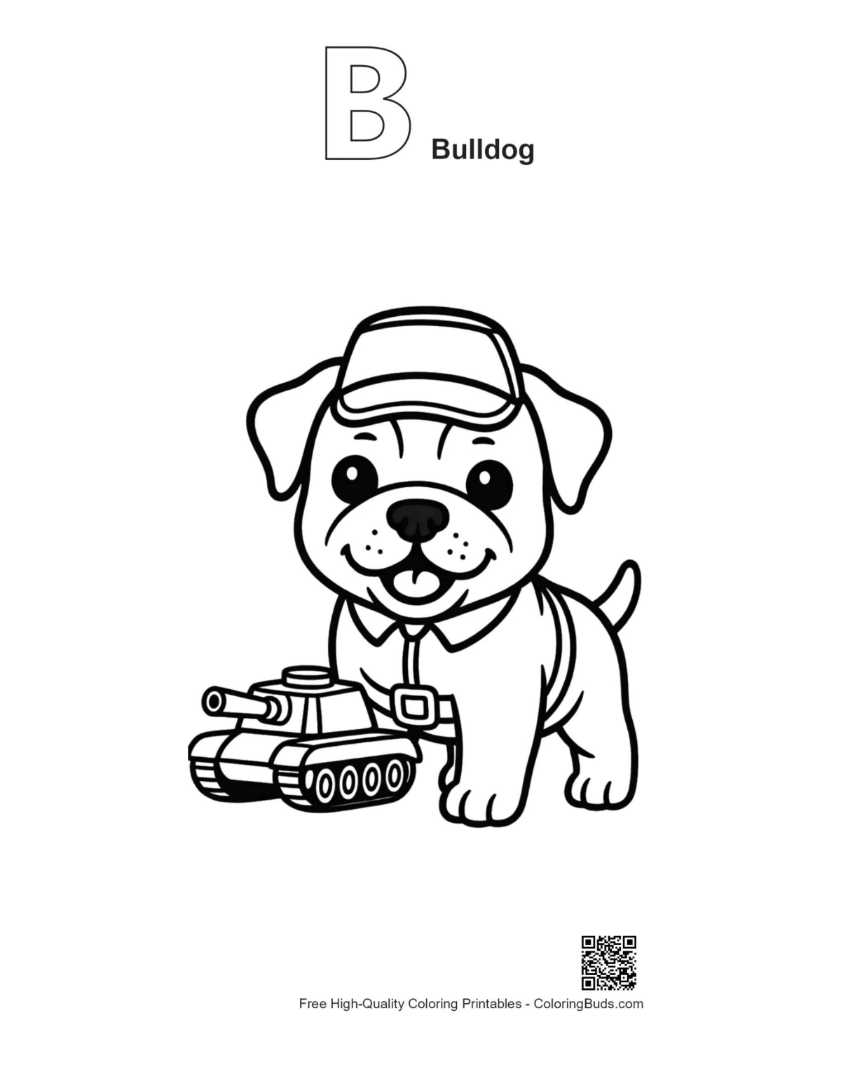 Bulldog coloring page with alphabet B and soldier tank