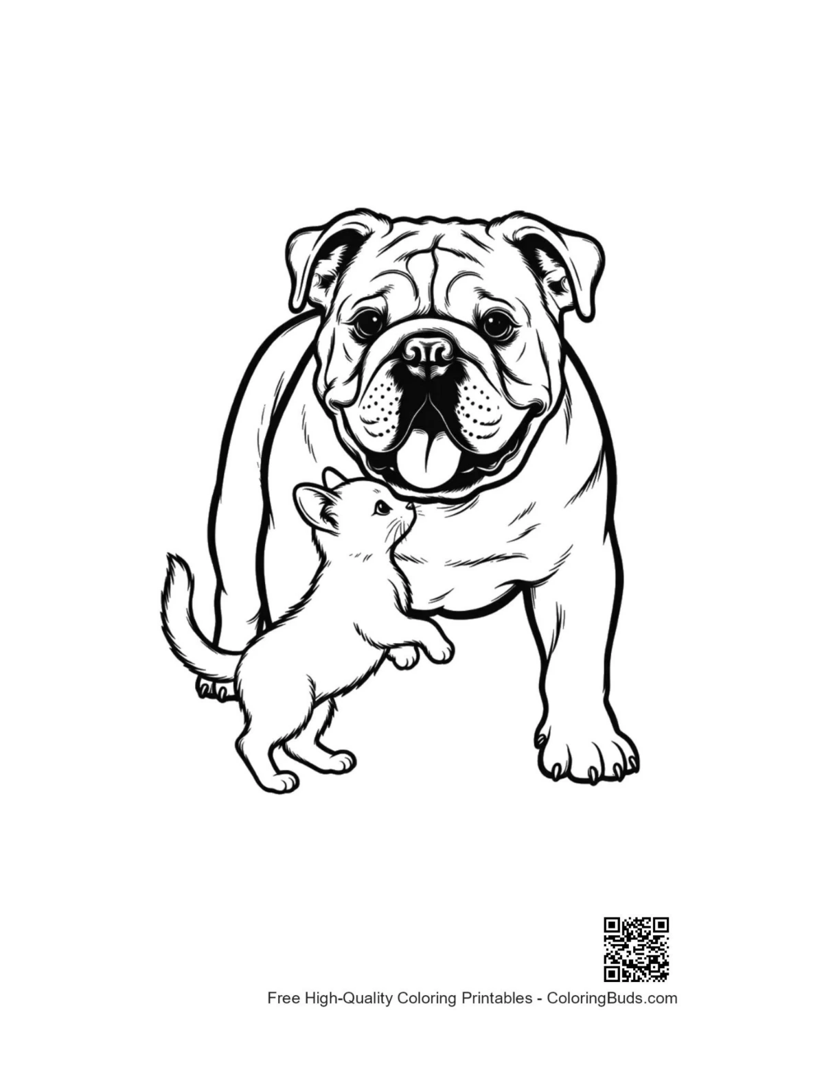 Cute bulldog and kitten friendship illustration