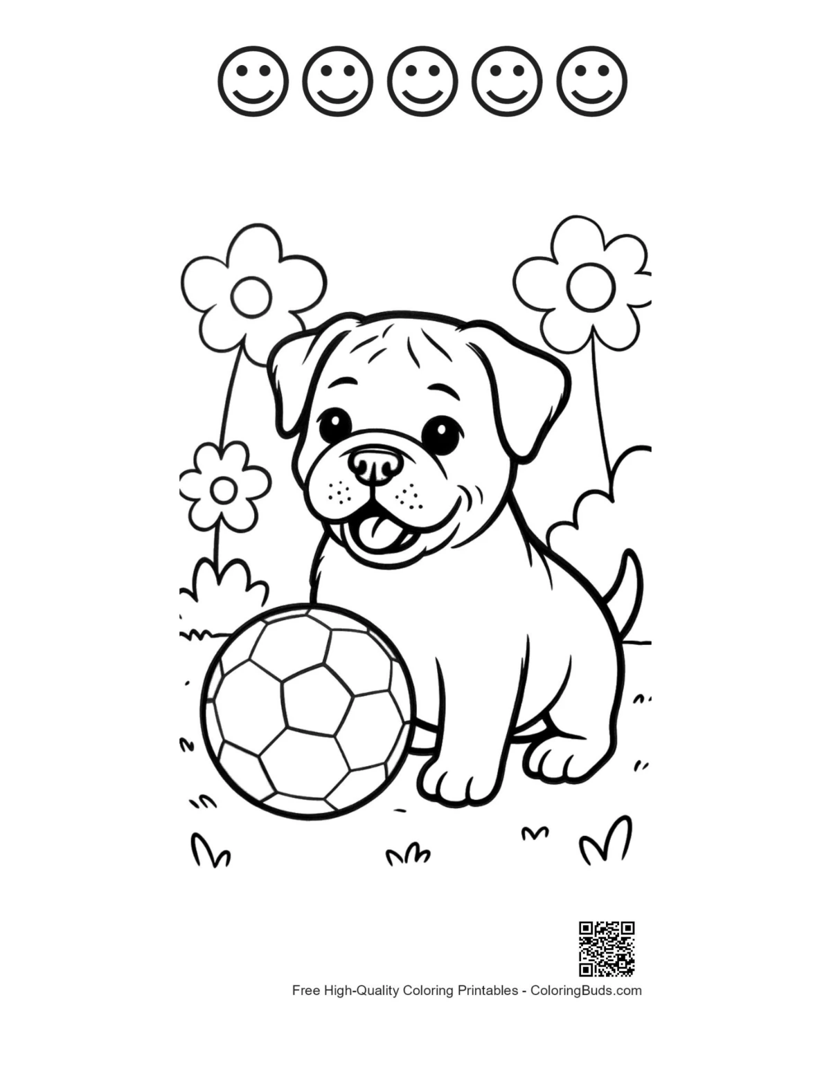 Bulldog coloring printable with 5 happy faces