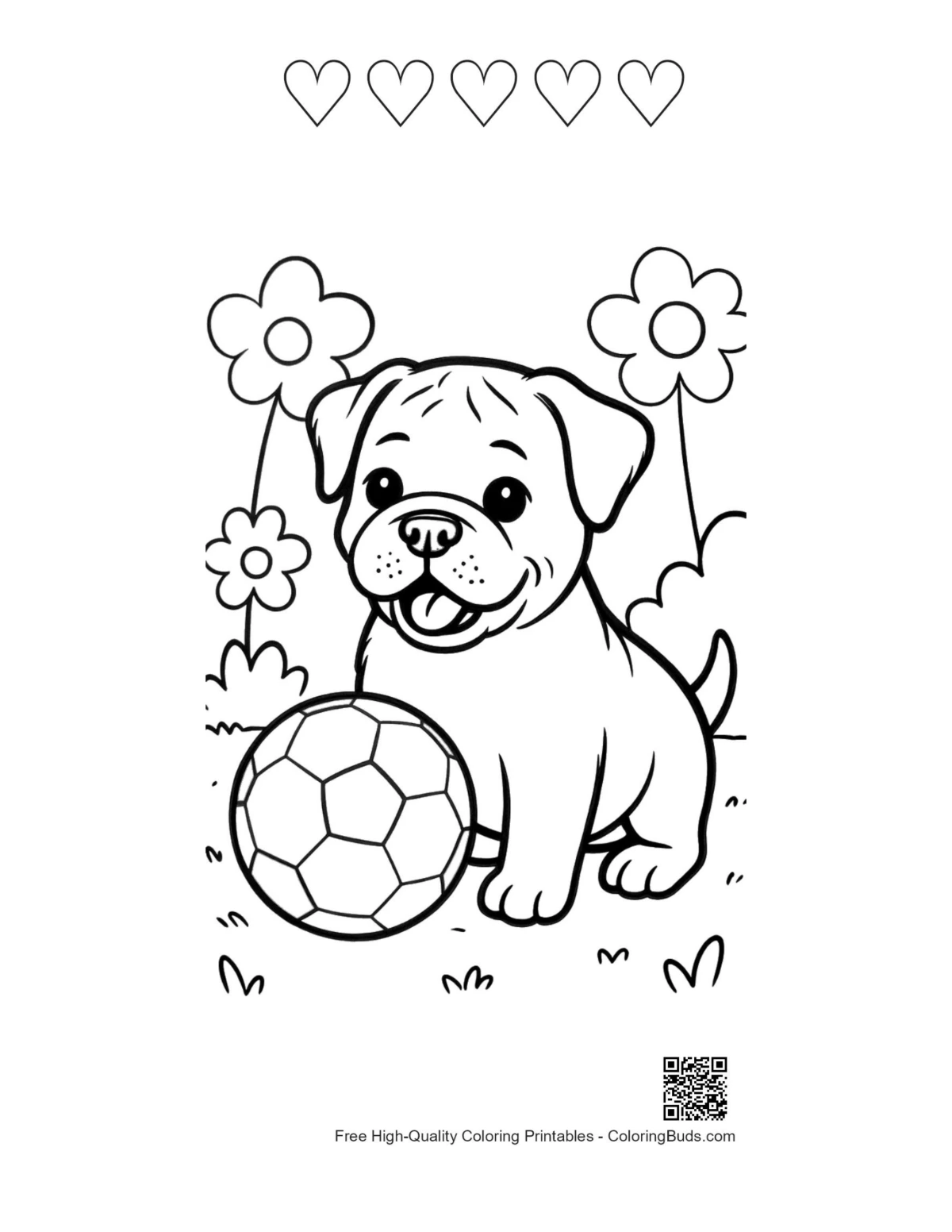 Printable bulldog page with five heart outlines
