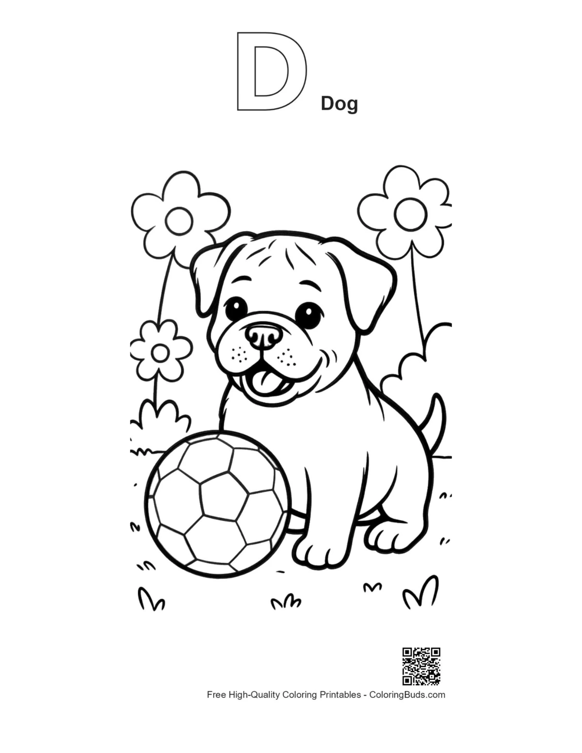 Bulldog outline coloring page alphabet D dog shape