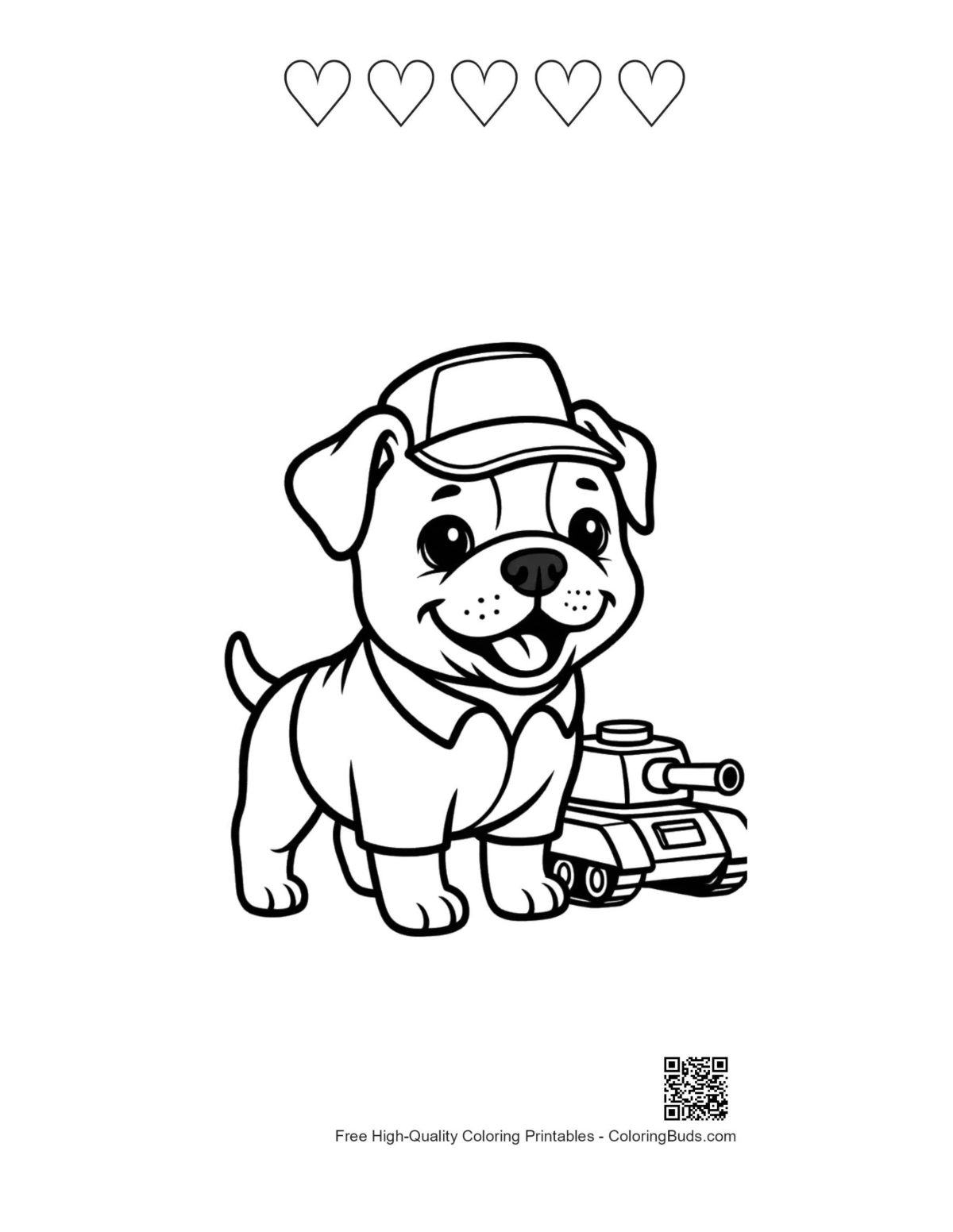 Bulldog with 5 heart outline printable coloring page