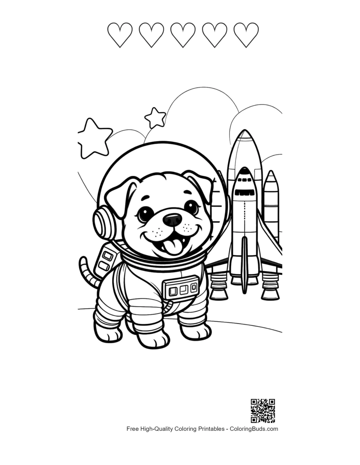 Bulldog printable with 5 heart outlines