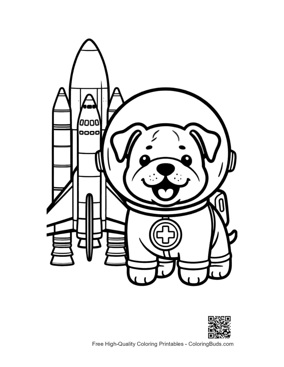 Bulldog puppy astronaut by rocket ship coloring page