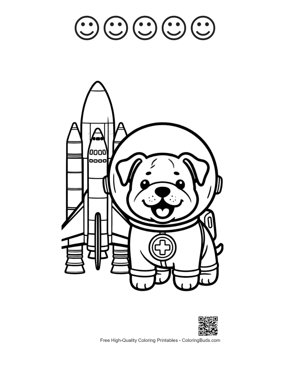 Bulldog puppy astronaut with 5 happy faces outline