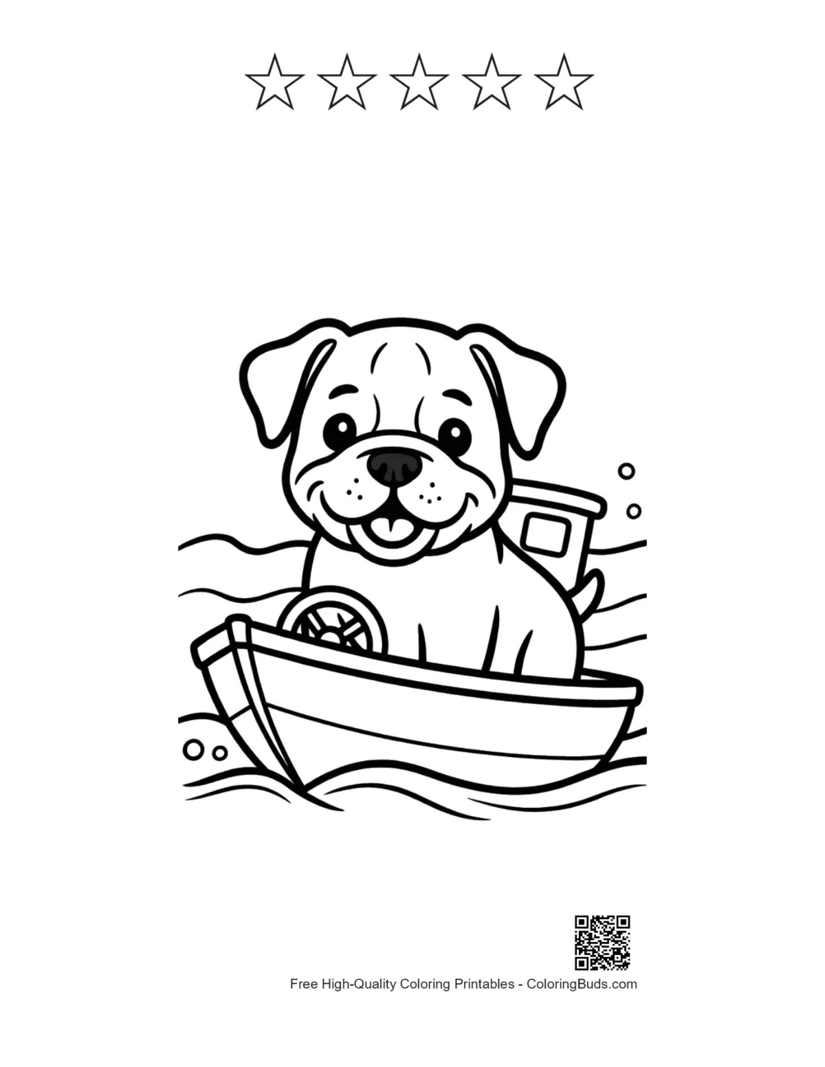 Bulldog puppy ocean boat with 5 star outlines printable