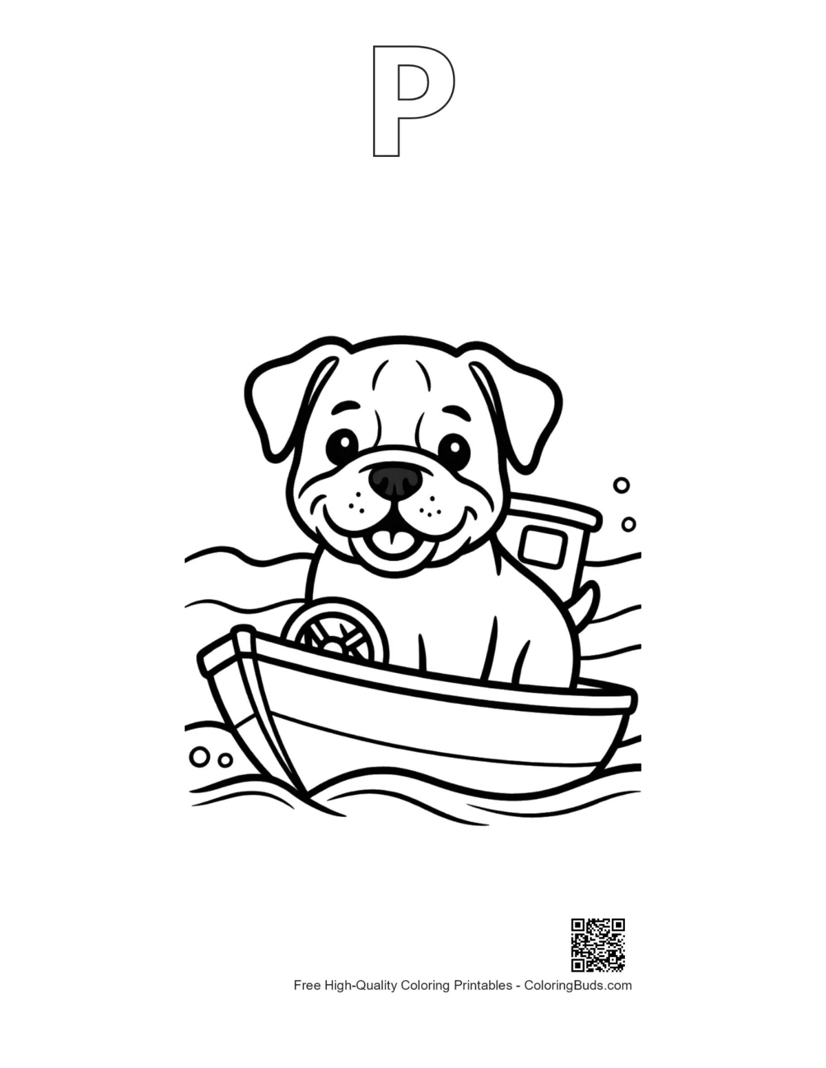Bulldog puppy boat outline alphabet P coloring sheet
