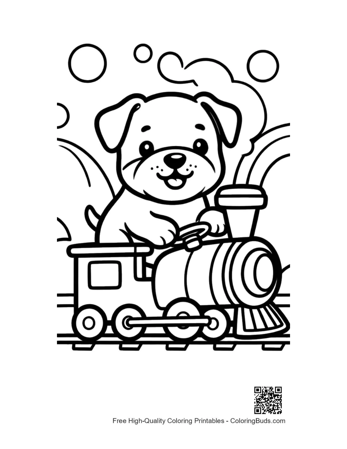 Bulldog puppy on colorful steam train printable