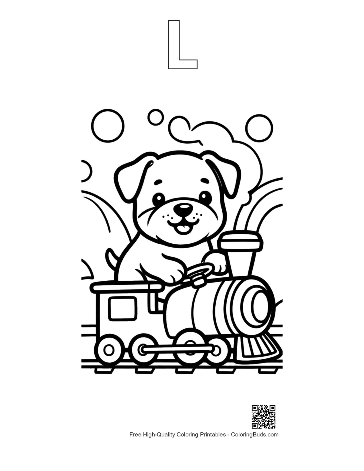 Bulldog puppy train printable with alphabet L outline