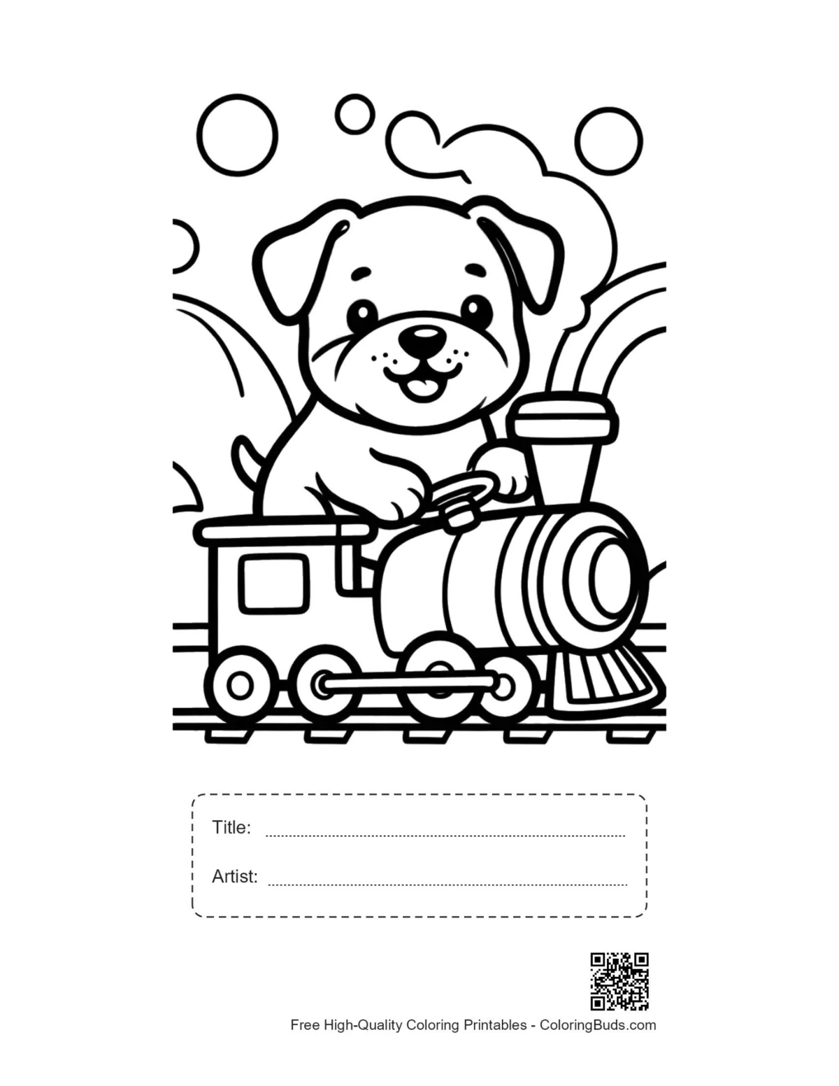 Bulldog puppy steam train printable with title box