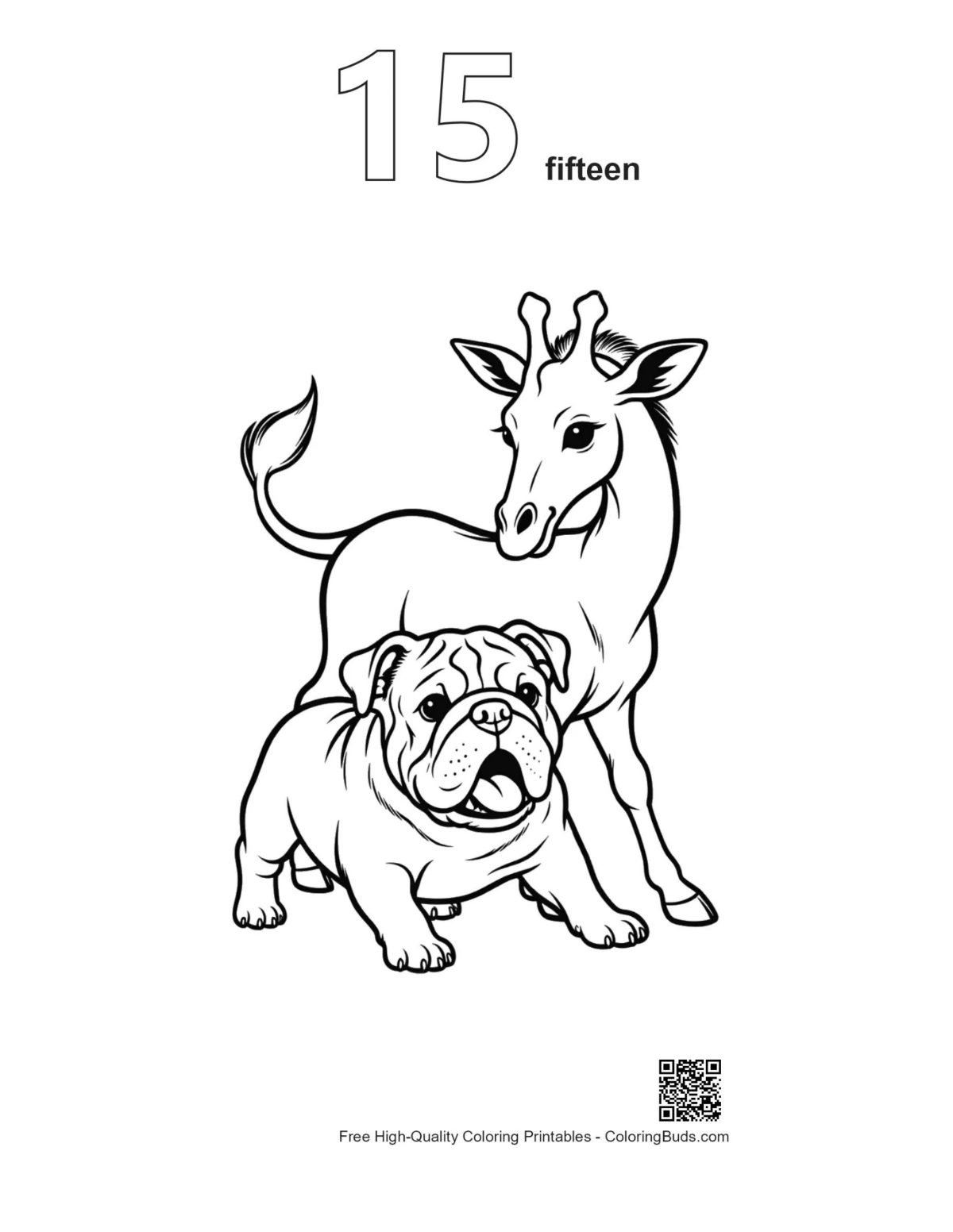 Number 15 bulldog puppy giraffe outline printable