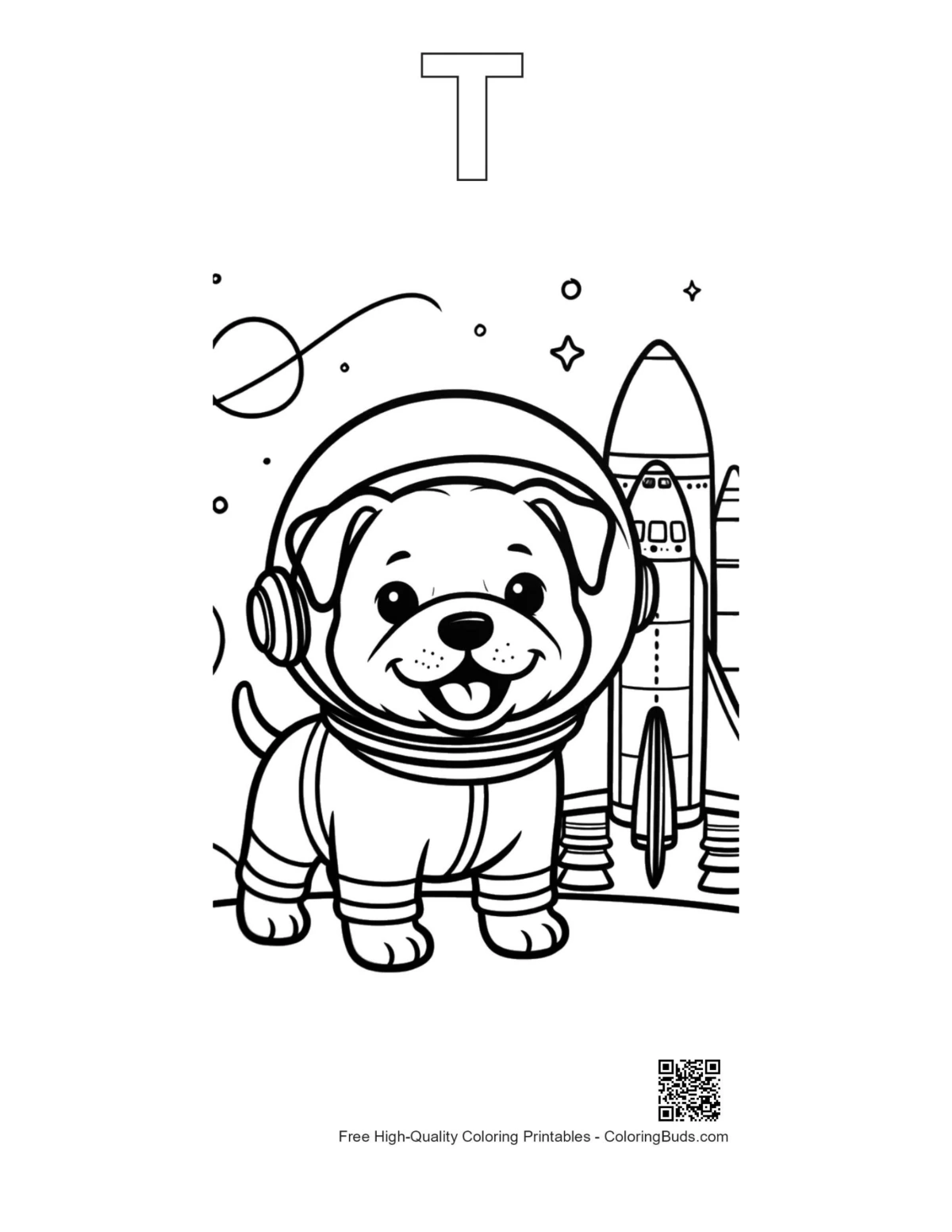 Bulldog astronaut outline with alphabet T printable