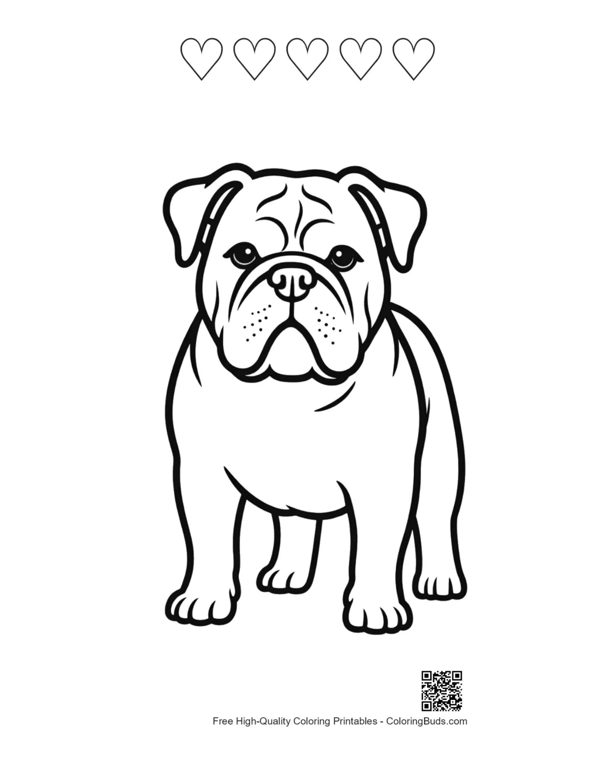 Printable cute bulldog with heart outlines