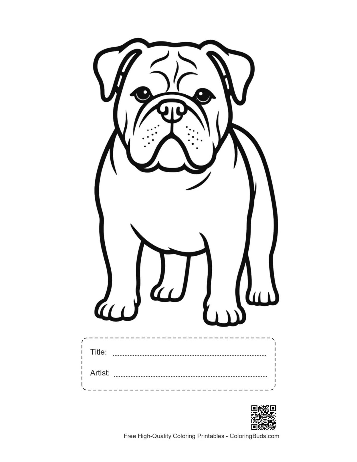 Printable cute bulldog line art with title box