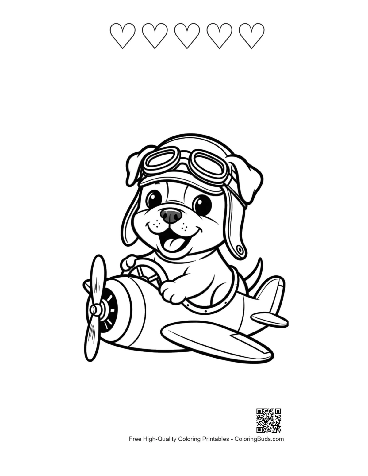 Bulldog coloring printable with 5 heart outlines