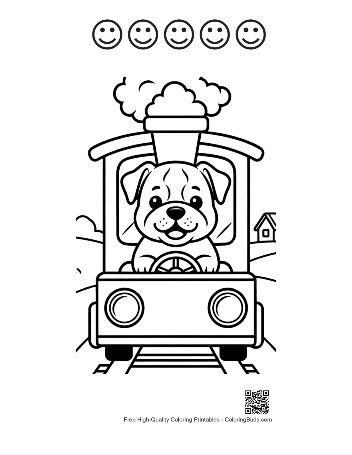 Printable bulldog with 5 happy faces outline