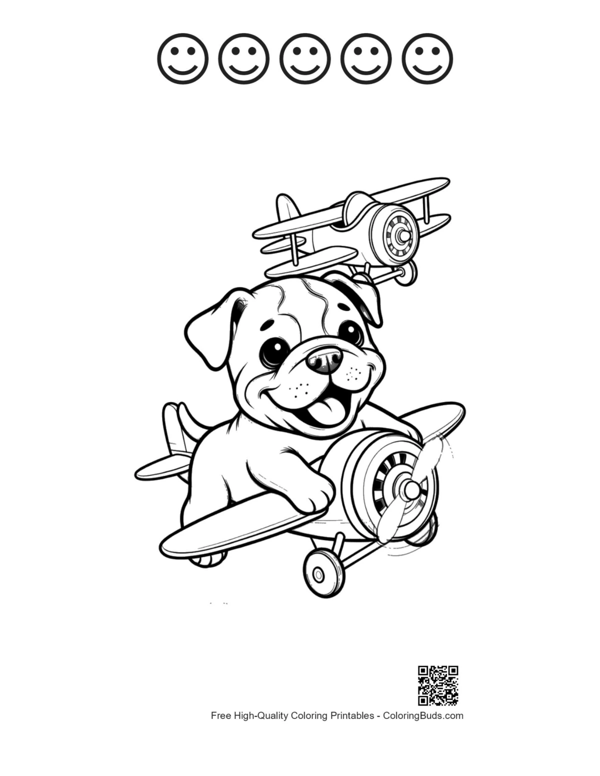Bulldog puppy flying plane 5 happy faces outline