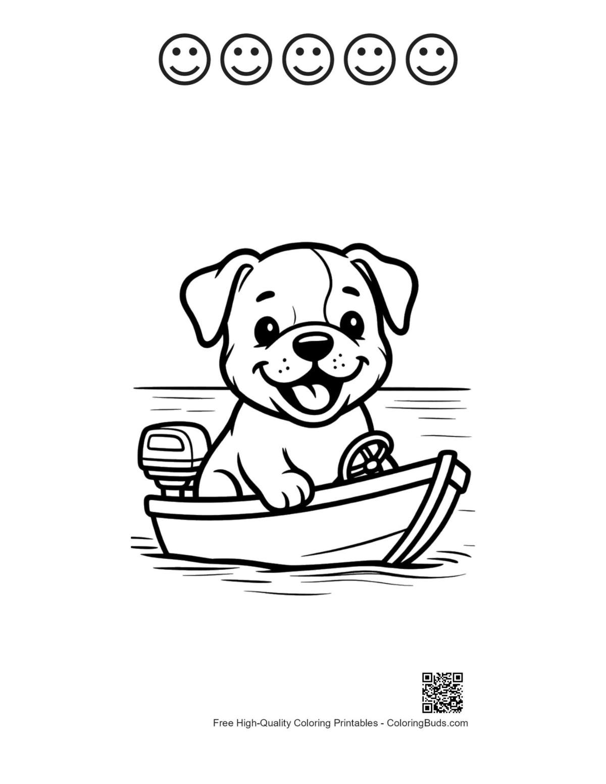 Bulldog puppy boat with 5 happy faces outline page