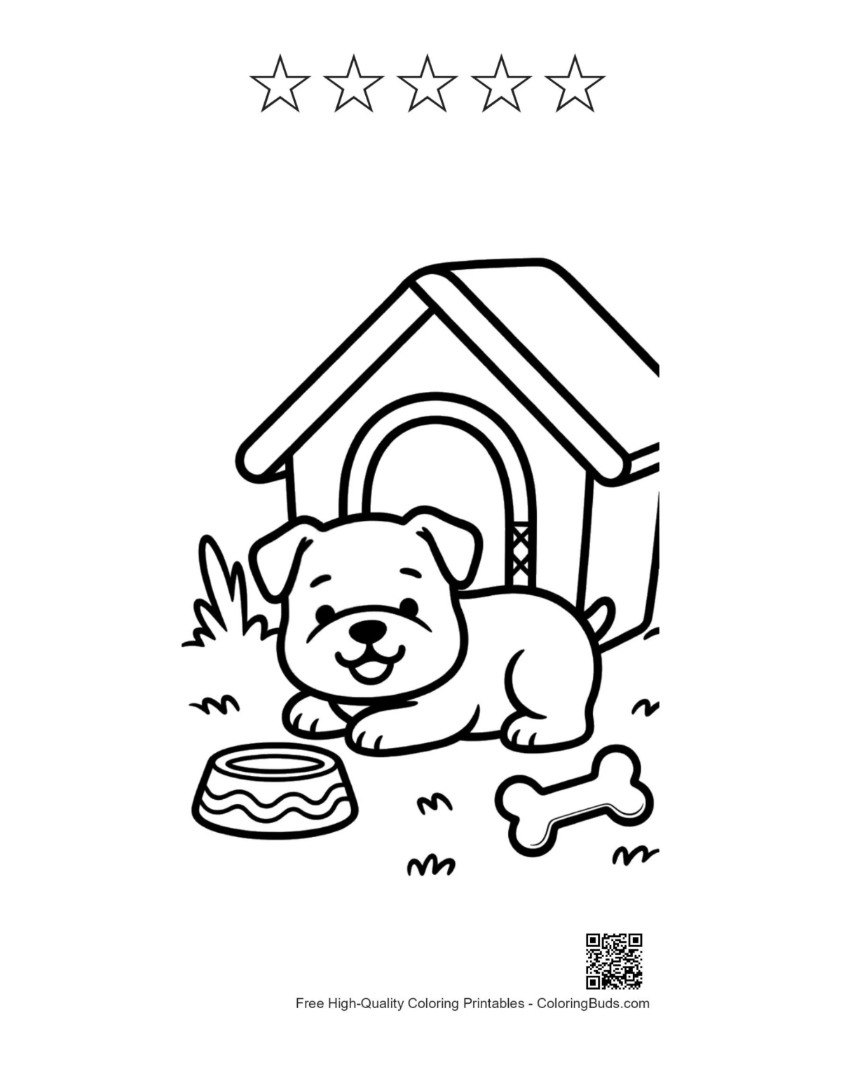 Bulldog coloring page with 5 star outlines