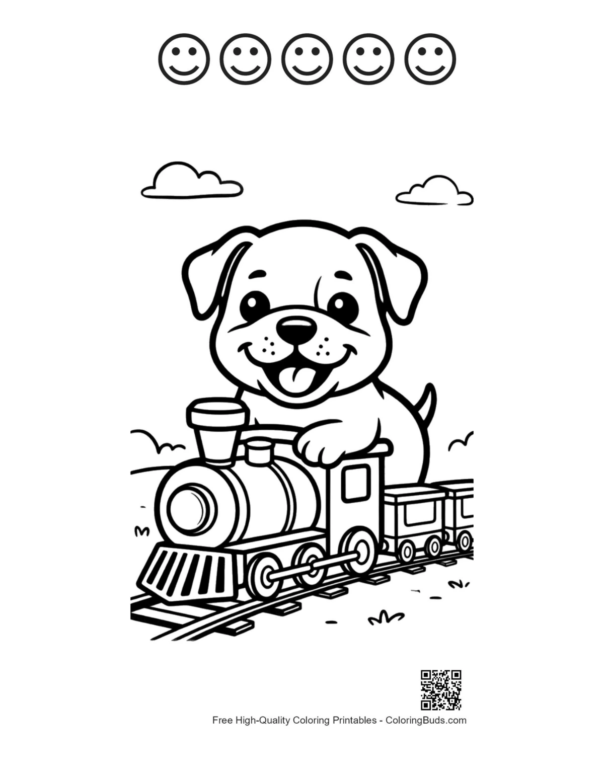 Bulldog puppy train with 5 happy faces printable
