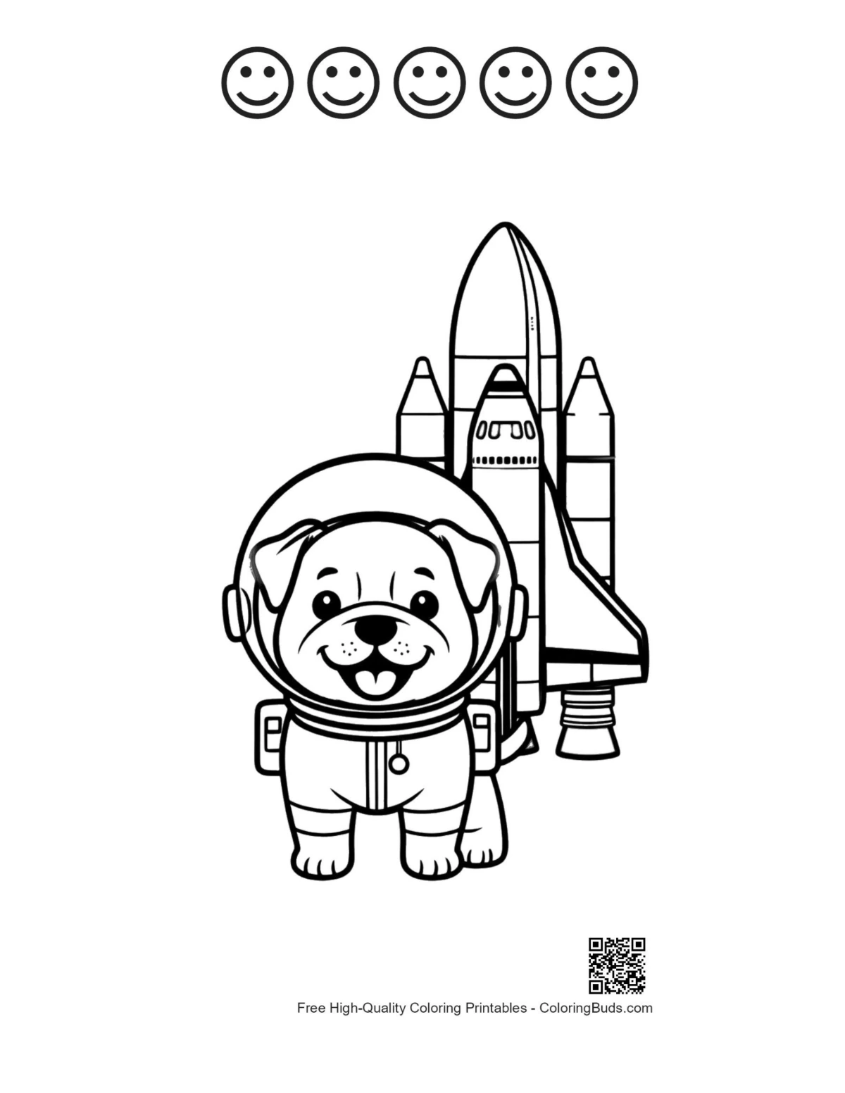 Cute bulldog astronaut with 5 happy faces printable