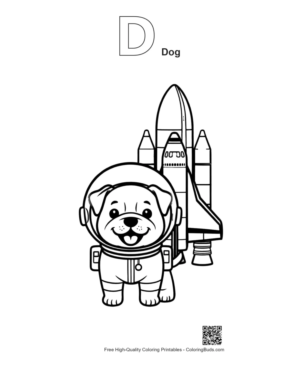 Bulldog astronaut with alphabet D dog outline printable