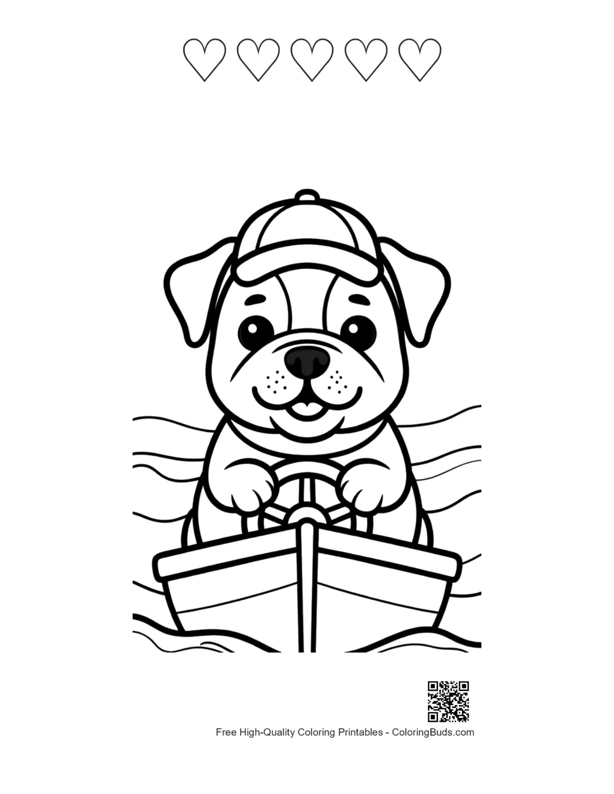 Bulldog boat with 5 heart outlines printable