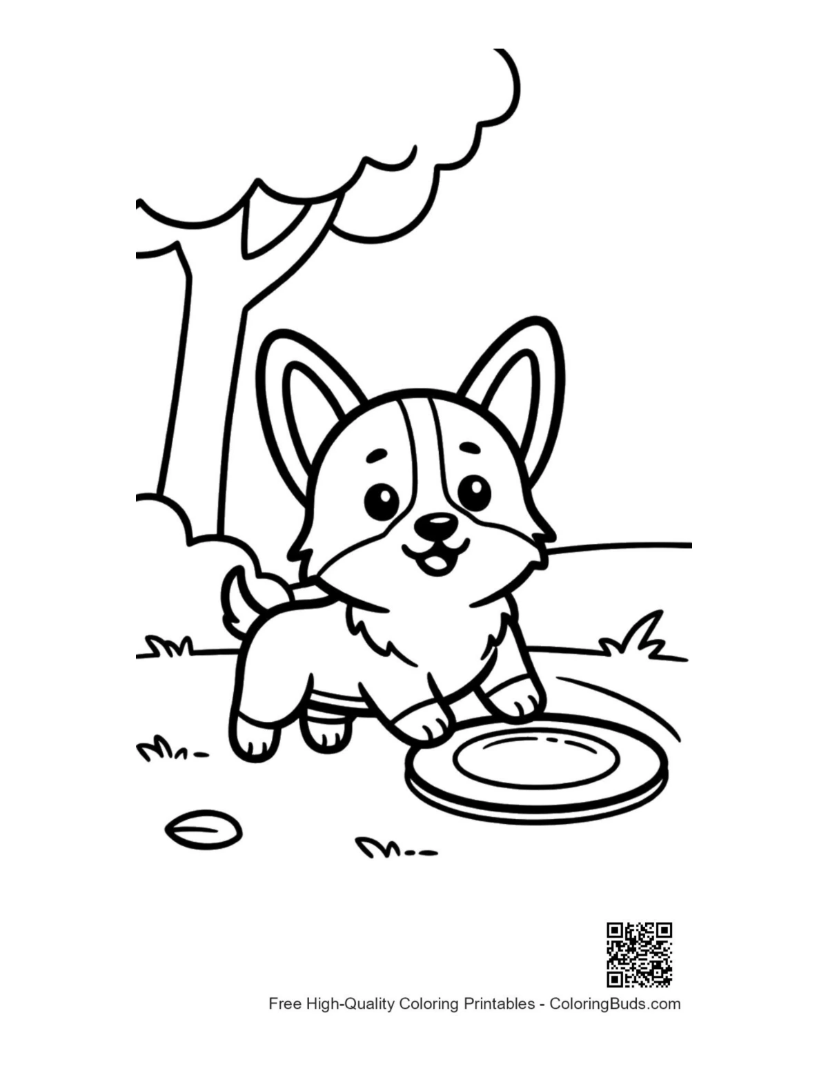 Adorable corgi catching disc near forest trees coloring page