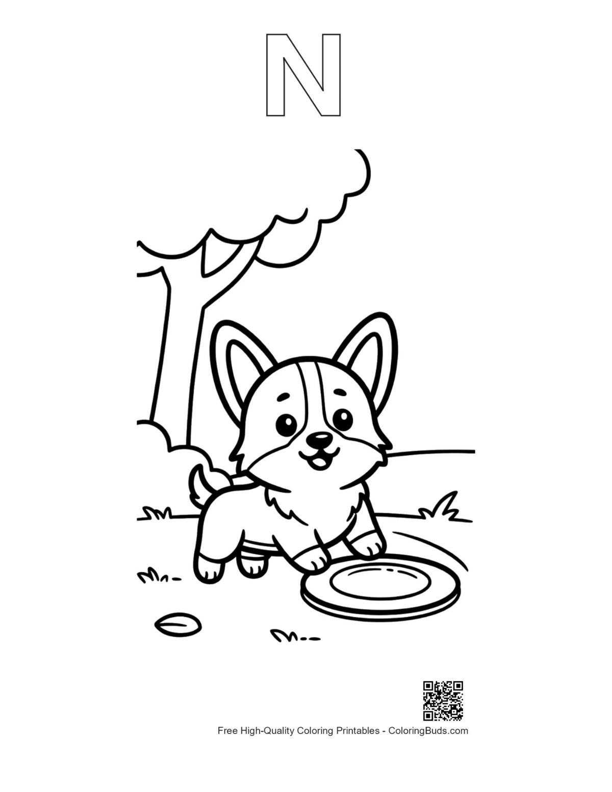 Corgi printable outline with alphabet N forest scene