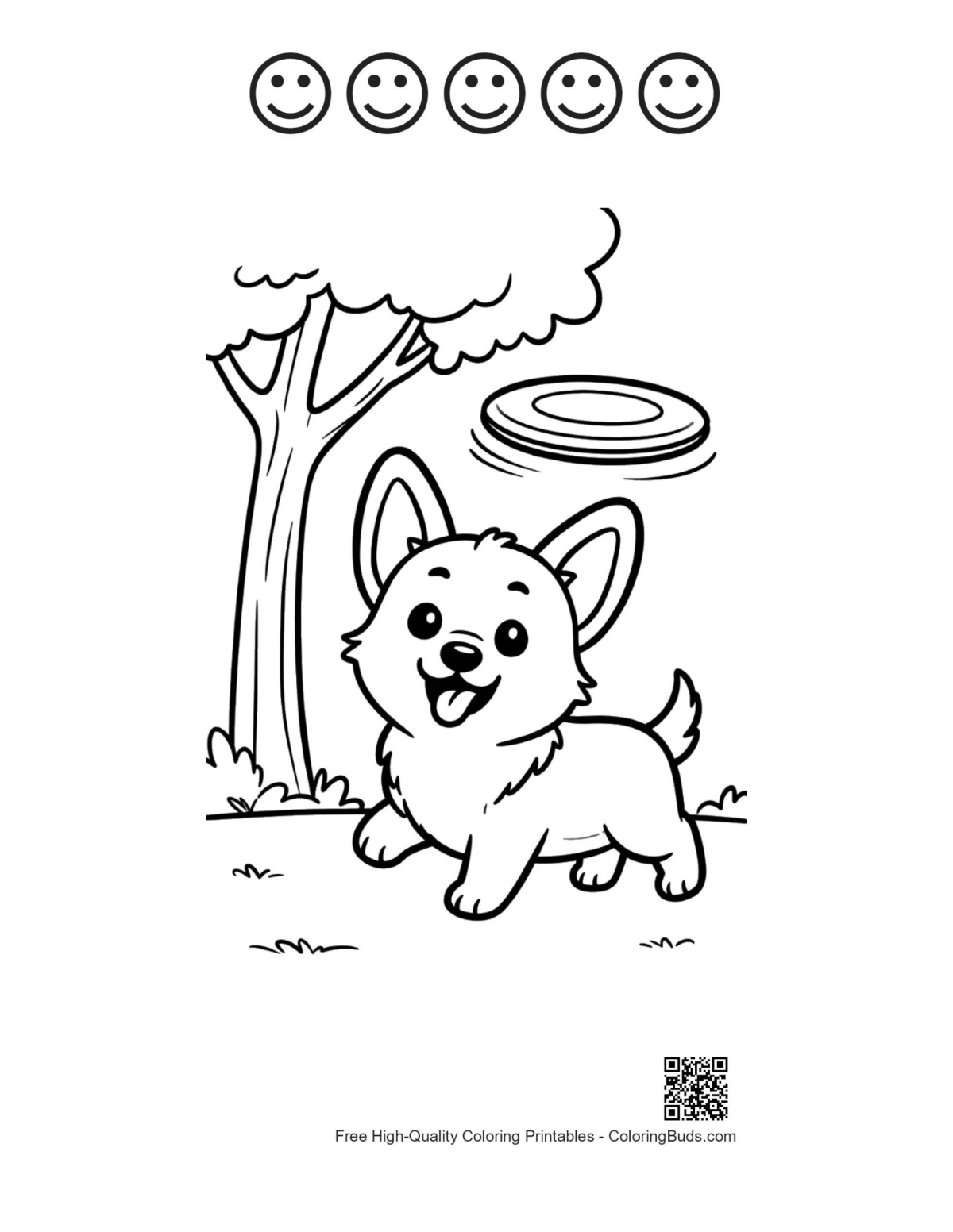 Corgi puppy frisbee woods 5 happy faces outline printable