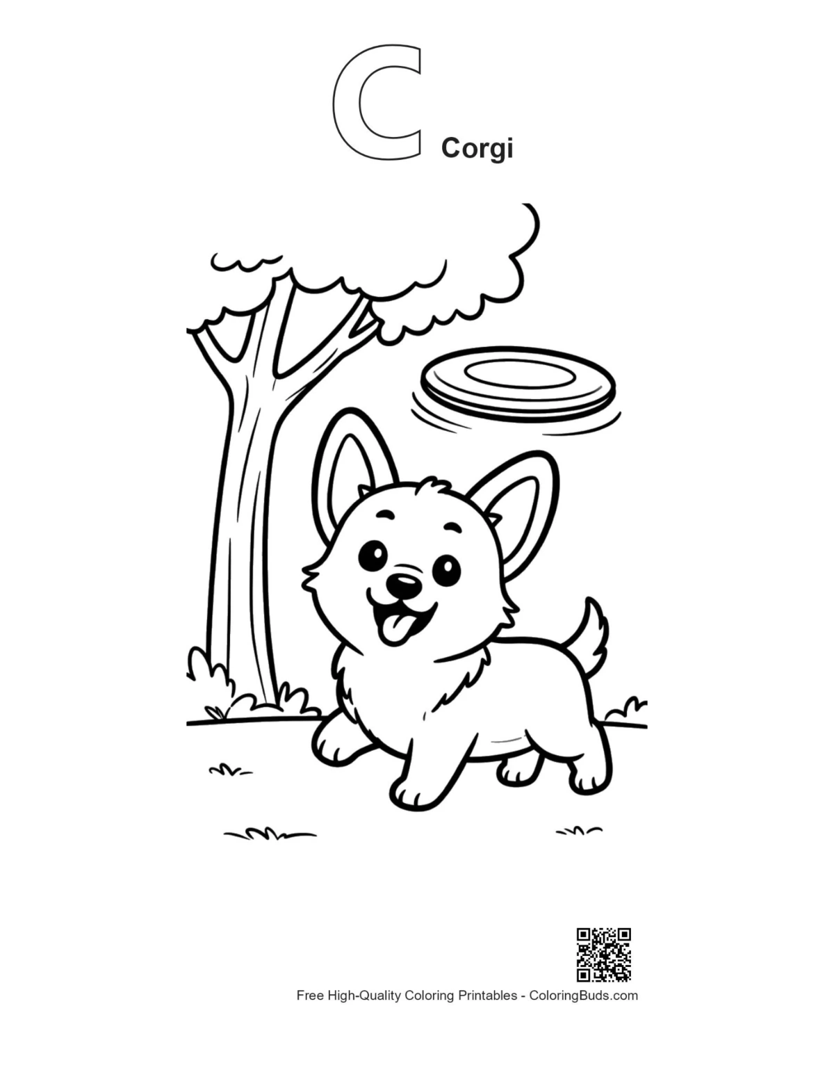 Corgi puppy frisbee woods outline with alphabet C printable