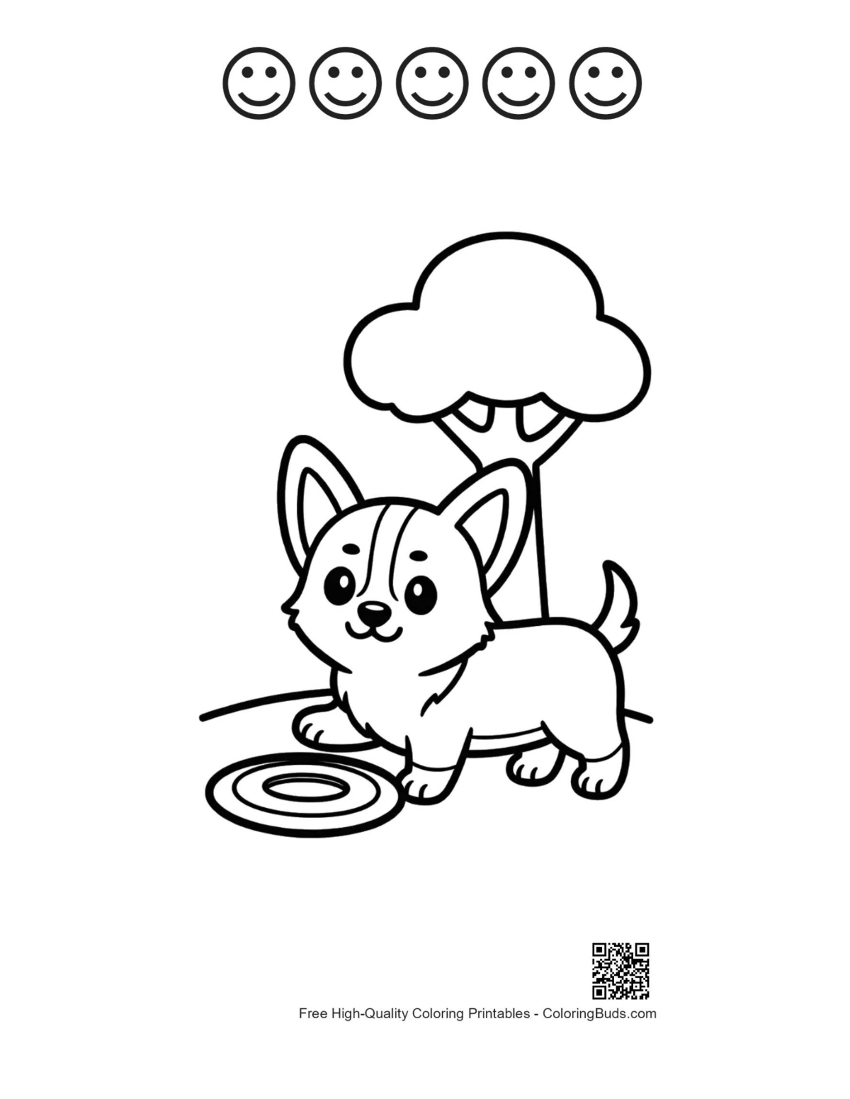 Corgi coloring page with 5 happy faces