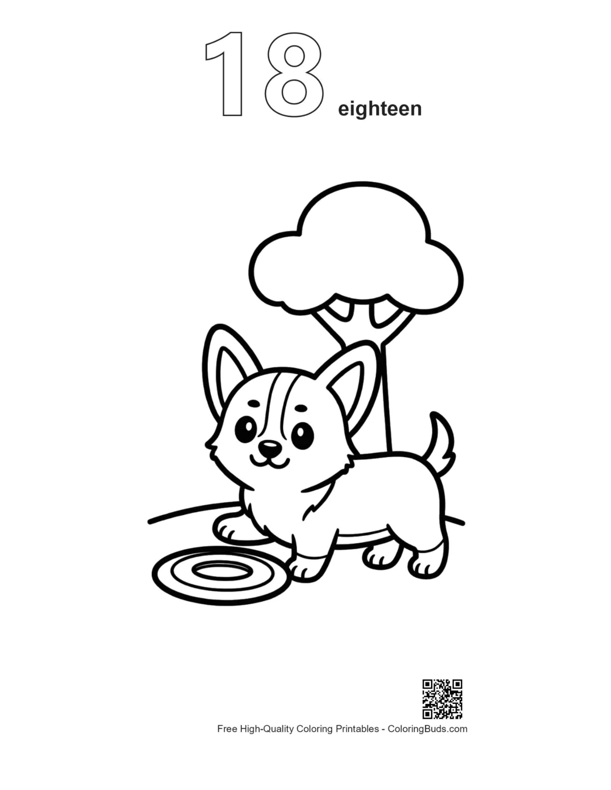 Corgi coloring page outline #18 with frisbee