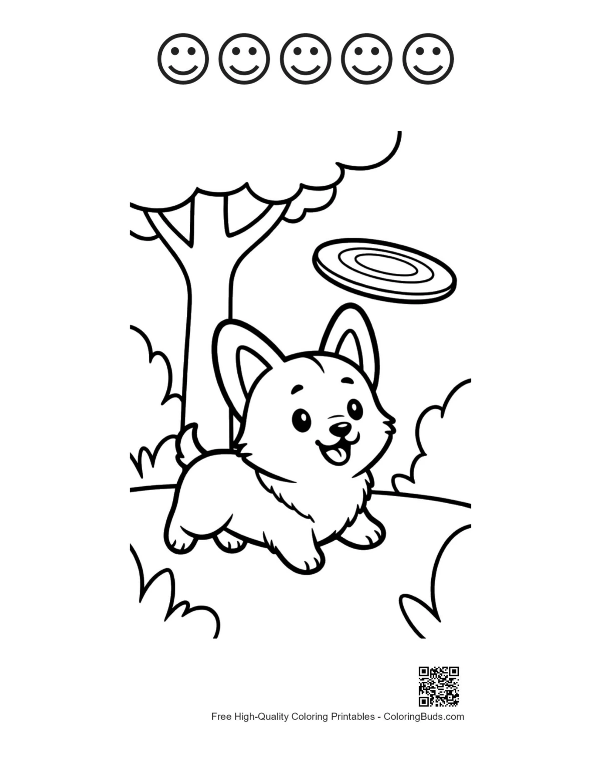 Corgi flying disc with 5 happy faces outline printable