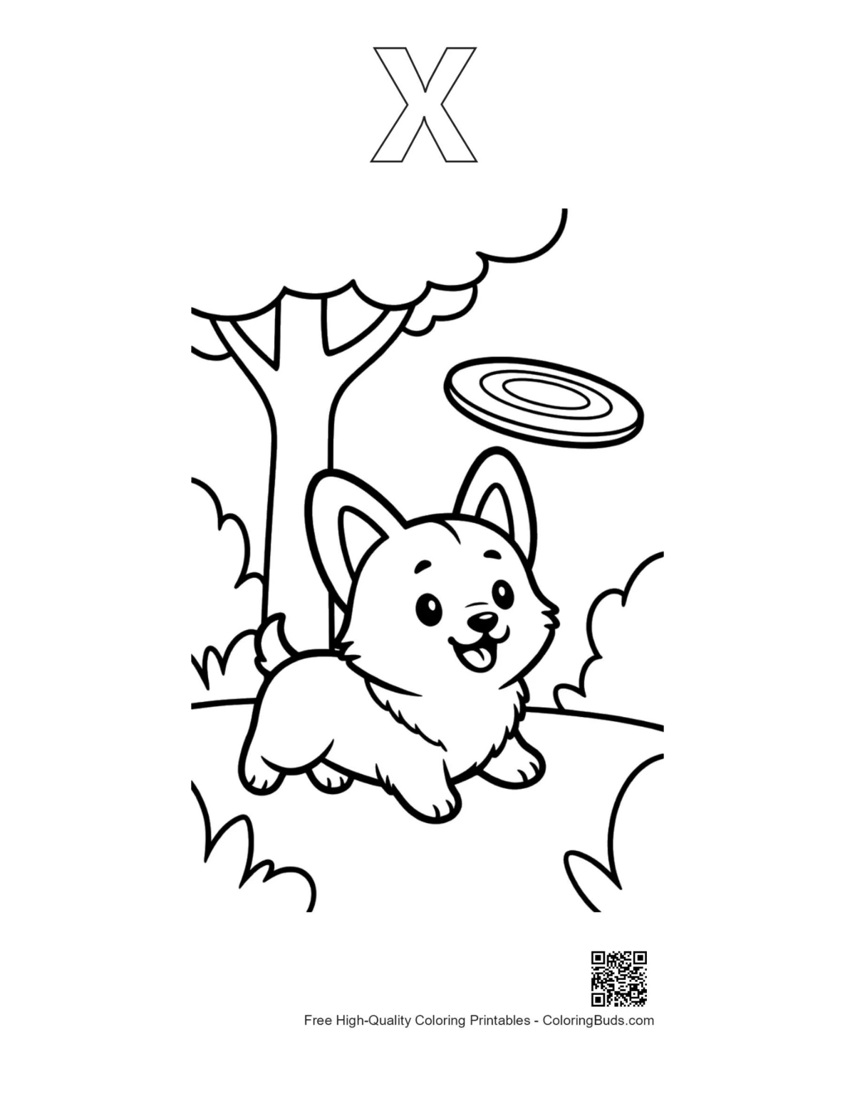 Corgi flying disc outline with alphabet X printable