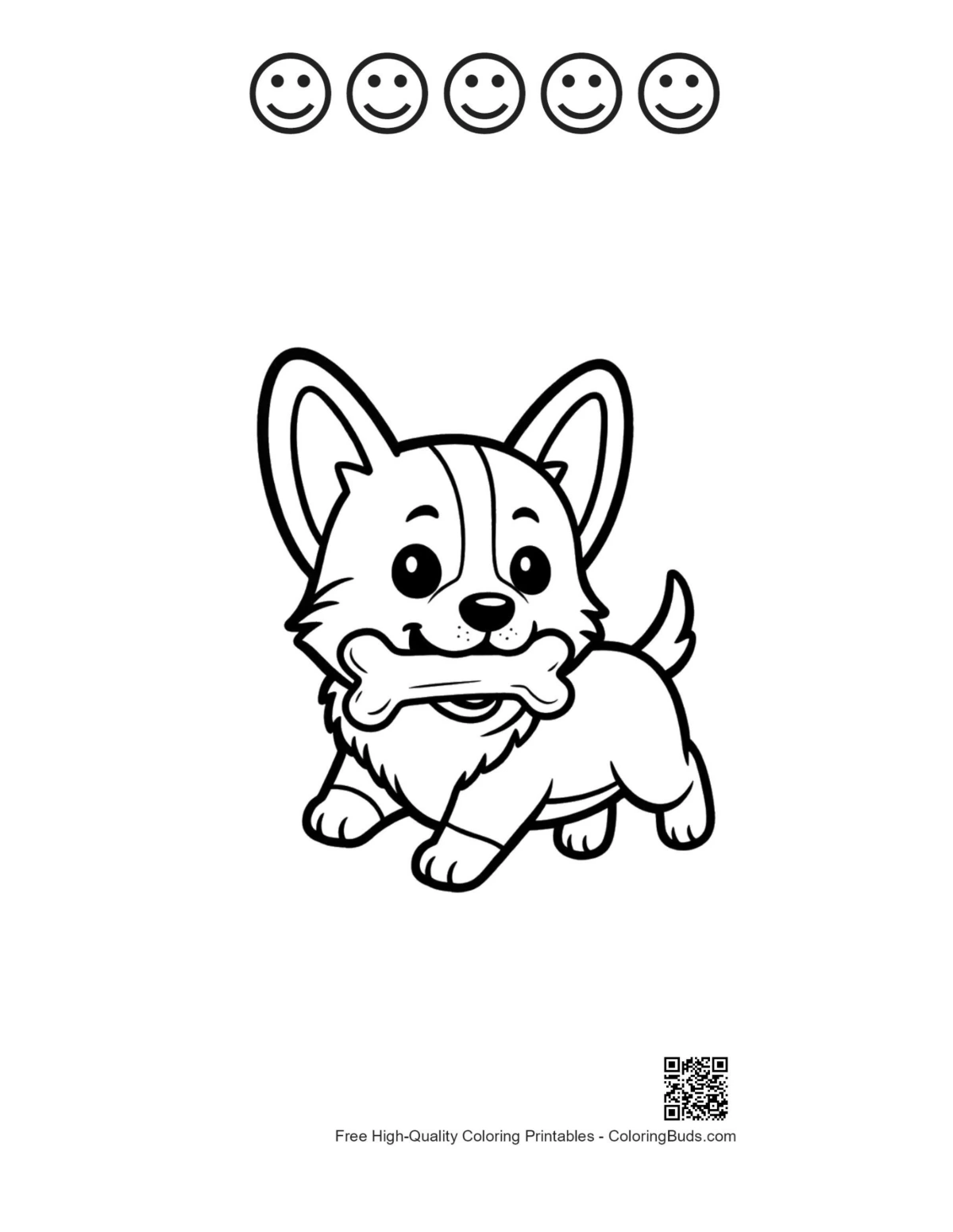 Corgi and 5 happy faces outline printable sheet