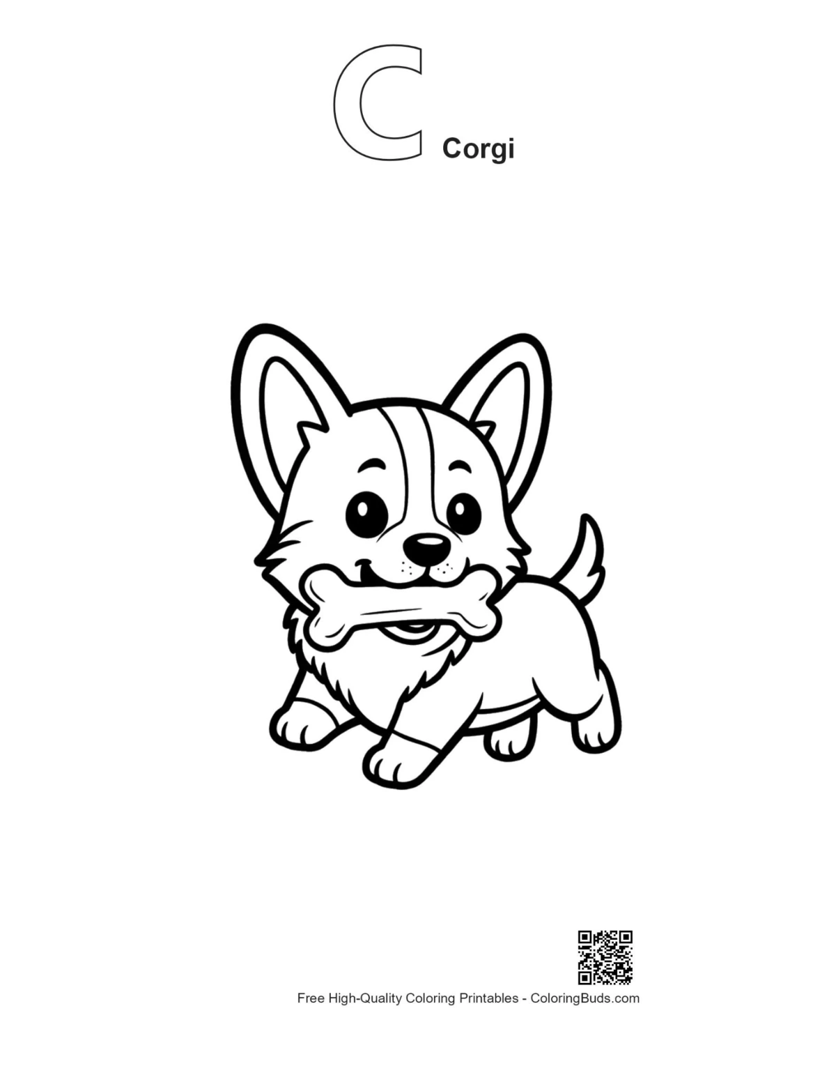 Alphabet C corgi coloring page outline printable