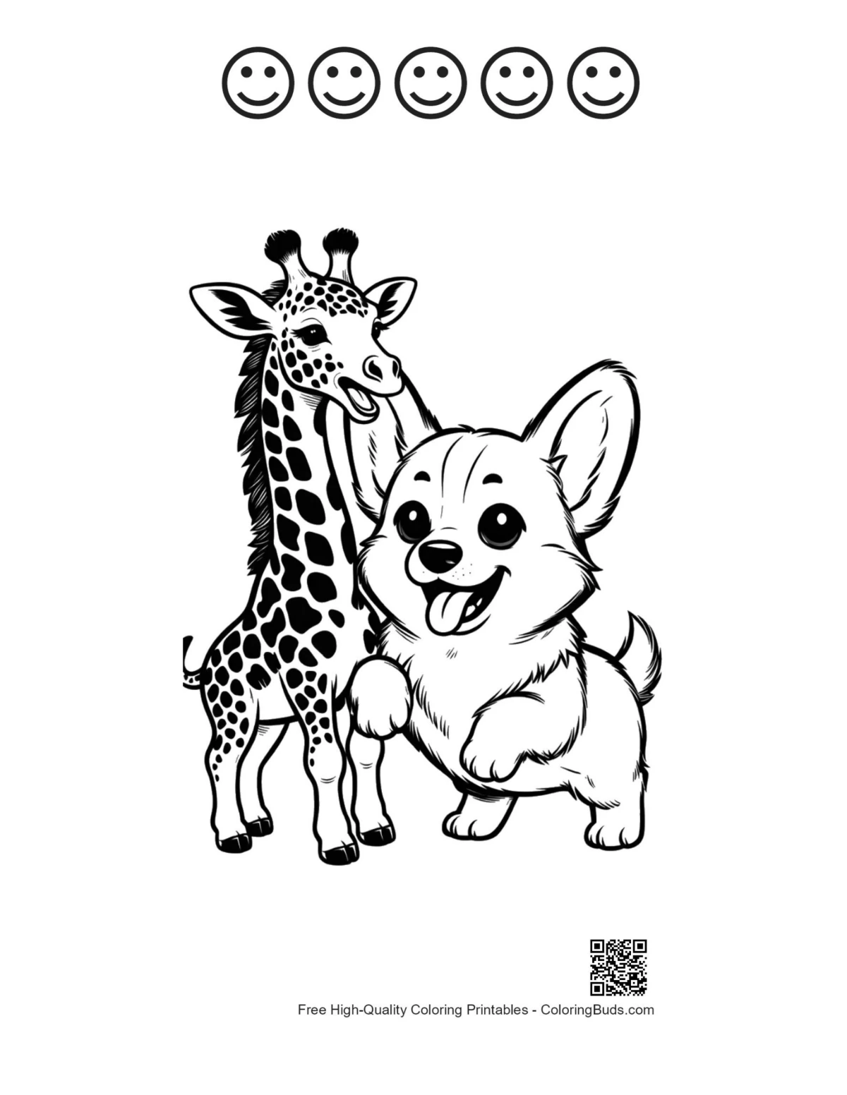 Corgi giraffe hug with happy faces