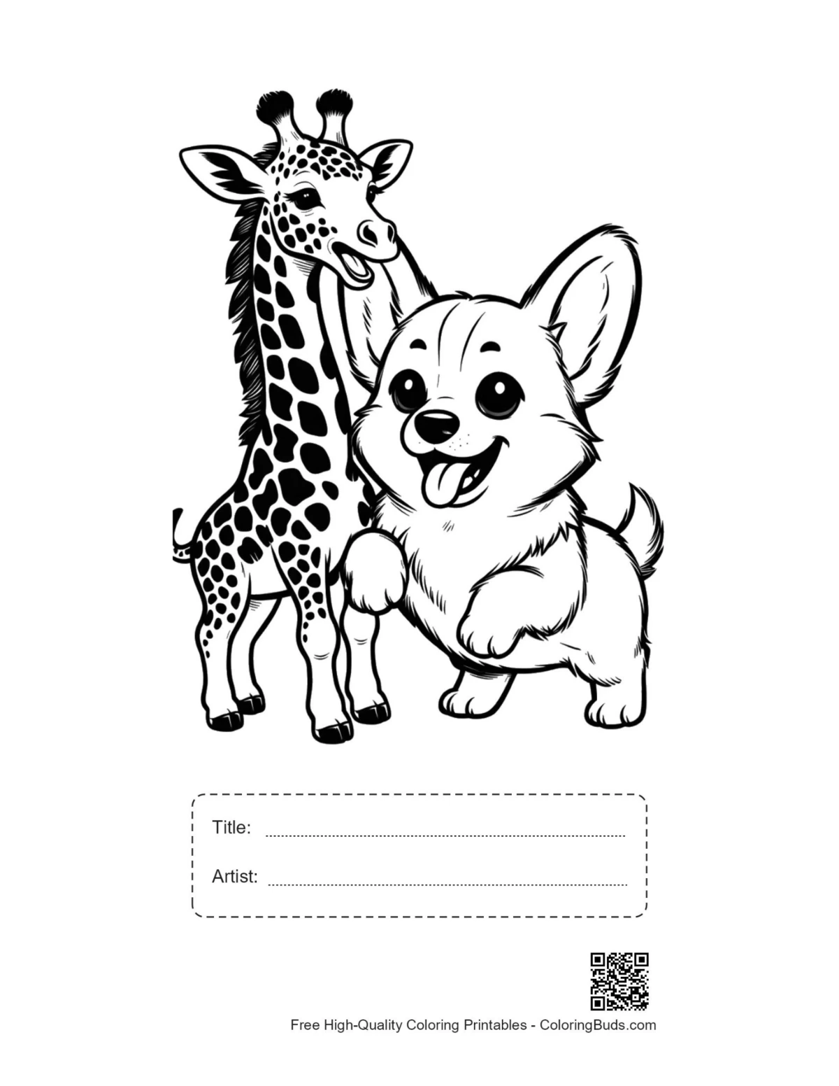 Corgi giraffe hug printable with title box