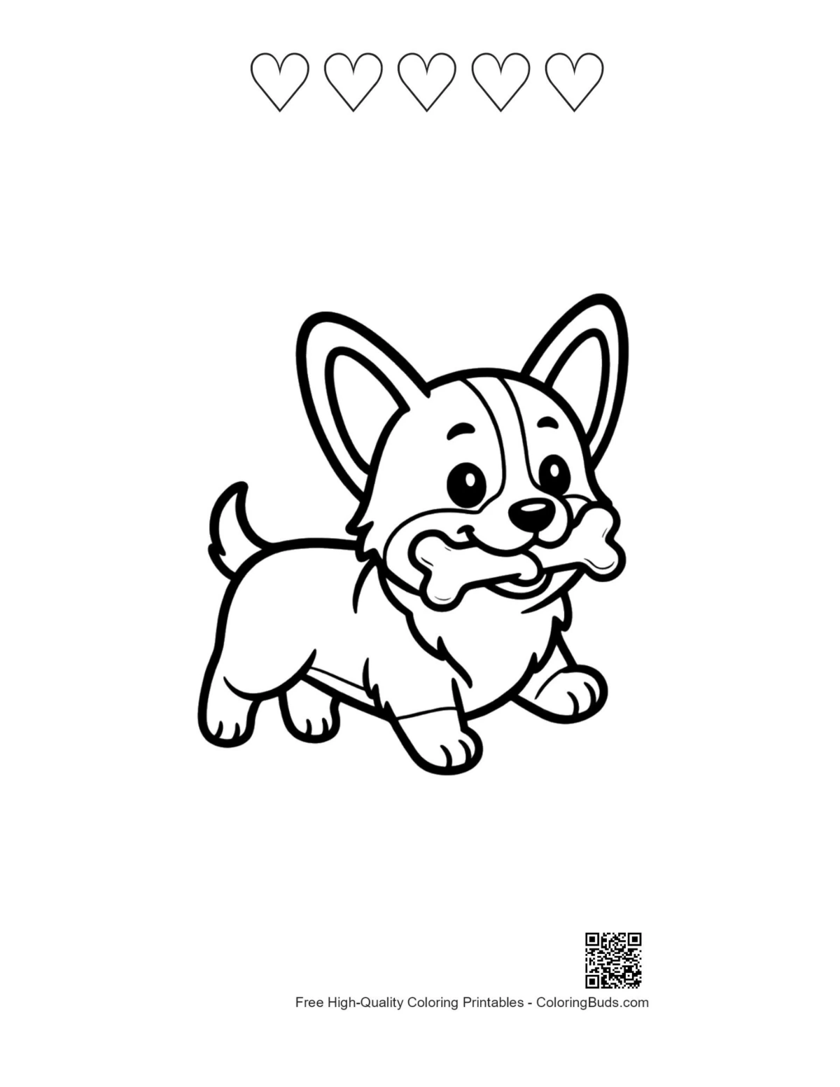 Cute corgi 5 heart outline printable for kids