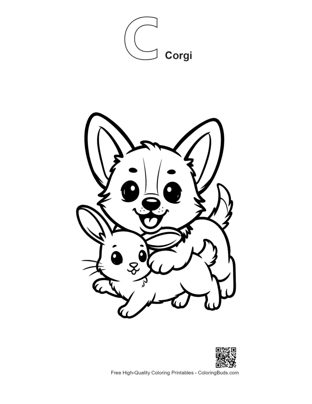 Ausmalbild mit dem Umriss des Corgi-Buchstabens C