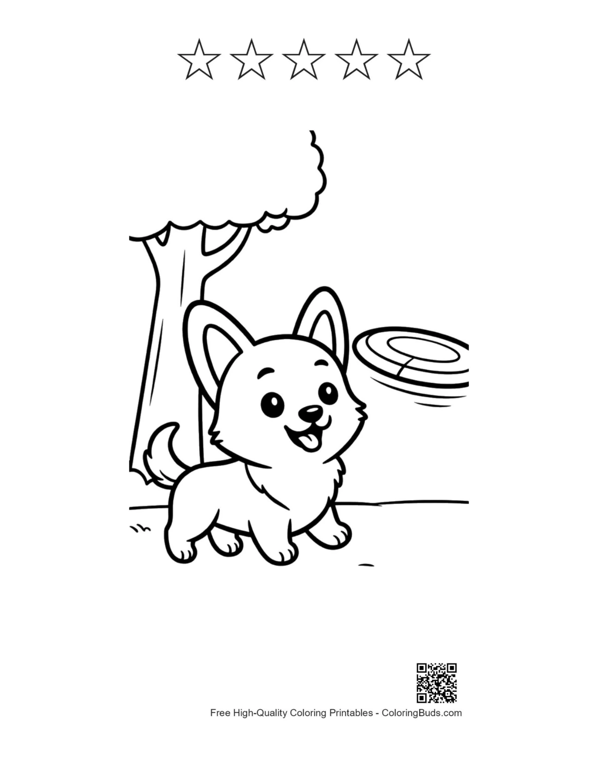 Cute corgi with 5 star outlines printable sheet