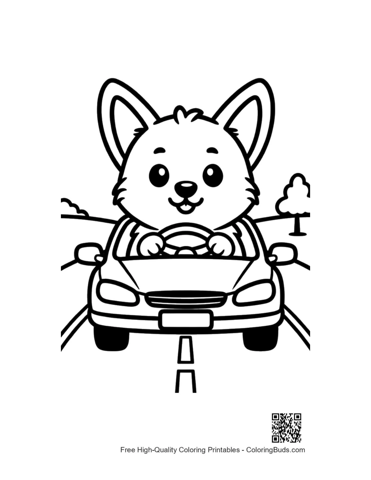 Cute corgi puppy driving small black car coloring page
