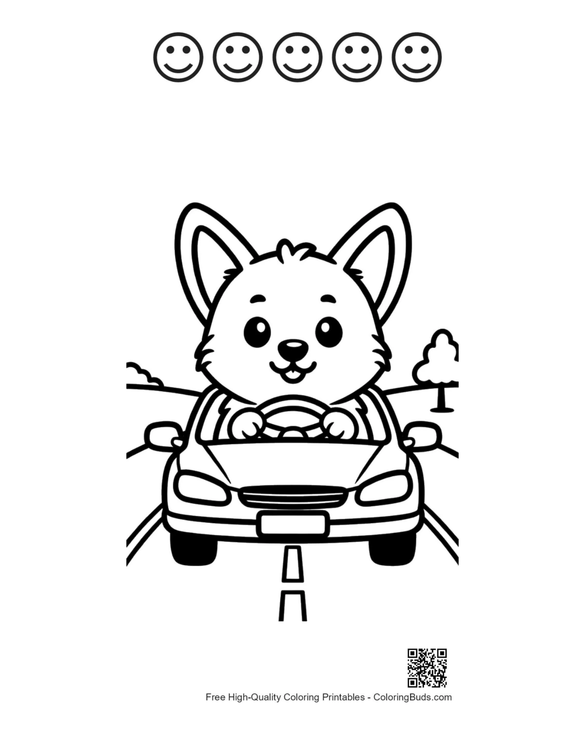 Cute corgi driving car with happy faces printable