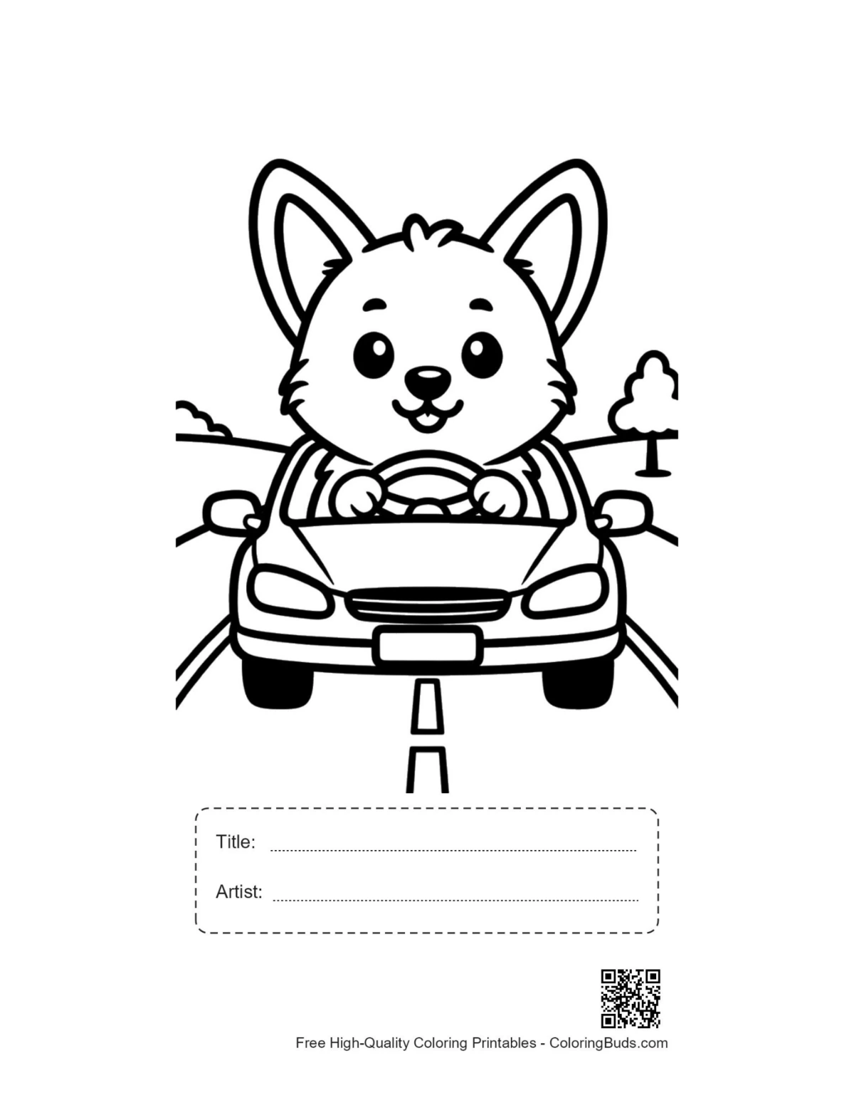 Corgi puppy driving black car printable with title box